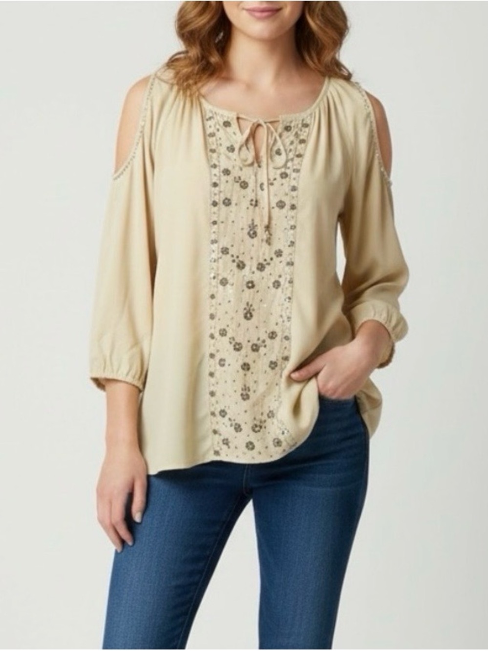 Krazy Kat Women’s Cold Shoulder Beaded Detail Blouse
